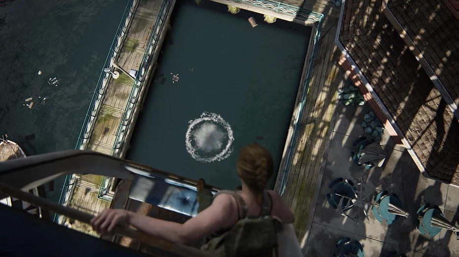 Abby looks down from a fairground ride over a pool of water where there&rsquo;s a splash because someone just jumped in