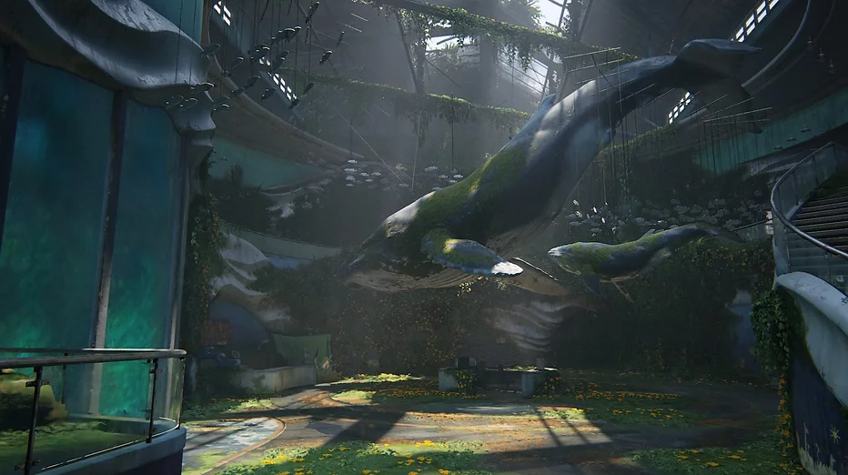 A big open room in the aquarium shows whales suspended from the ceiling but they are covered in moss and plants
