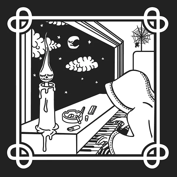 the album cover for yank scally&rsquo;s first release shows a wizard at a piano with cigarettes on top and a sleeping melting candle, with stars and clouds and a cobweb over him, ad the style is all black and white outlines