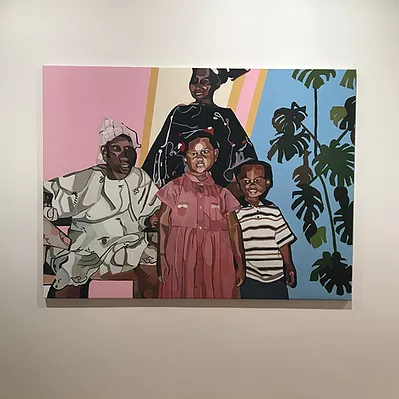 it looks like a family photo of a Black family with a mum dad and little girl and boy smiling, but their style has been abstract so everything looks a little shifted and bending, and next to them there is a big cheese plant filling the rest of the space