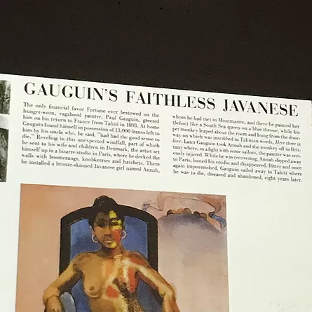 a closeup of the projection shows it the painting at the subject of an article titled Gaugin&rsquo;s Faithless Javanese