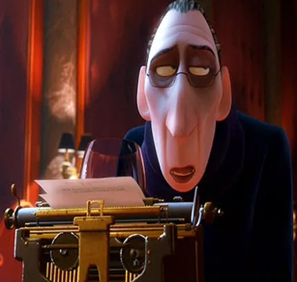 the critic from ratatouille at a typewriter