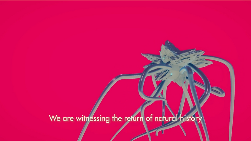 a hot pink background has a strange grey spidery shape up over it the top of it in cgi, and the caption says we are witnessing the return of natural history
