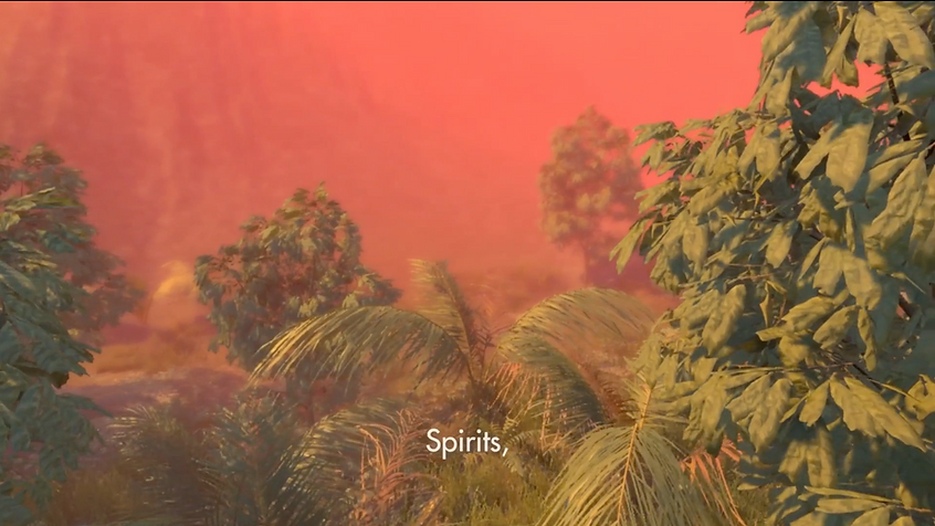 trees and palms are seen under a hot orange sky with the caption Spirits