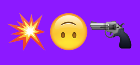 emoji summary of an explosion, an upside down smiley down face, and a gun