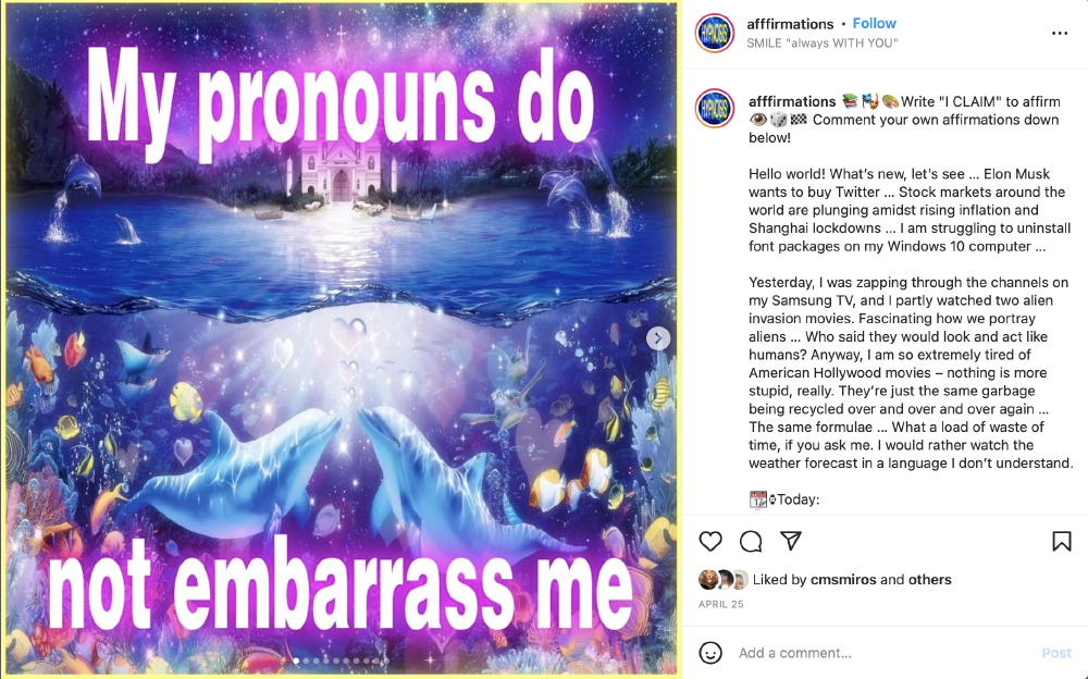 a screenshot of an afffirmations instagram post showing dolphins in a magical-looking watery illustration with a castle in the background and a galaxy above begind the words my pronouns do not embarrass me