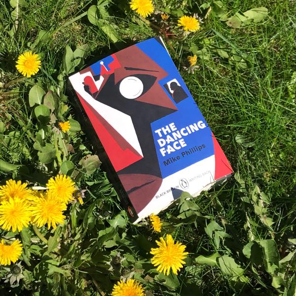 the book is positioned in the grass next to some yellow dandelions, in the sun. the cover is abstract-y with these blue and red graphic shards around a stylised west african mask