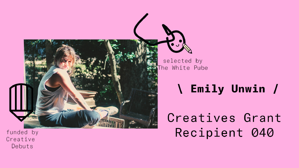 card announcing the 40th recipient of the creatives grant is emily unwin, showing a picture of emily on a sunny day with a tank top on, alongside the white pubes pubemoji logo and the creative debuts pencil logo