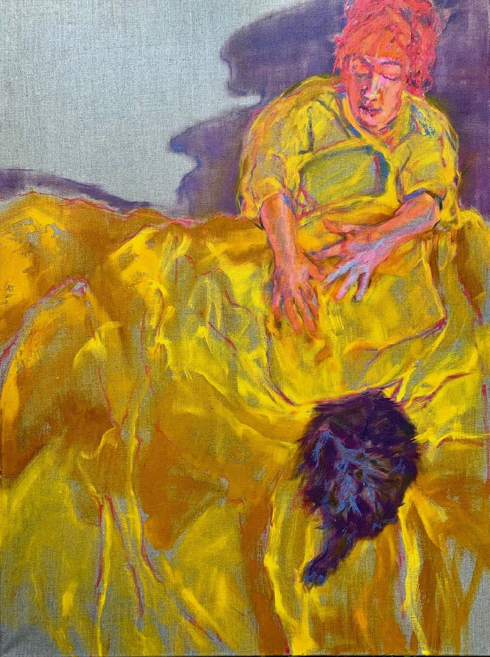a woman with a yellow dress on, fabric flowy all over the image, and a furry ball in the bottom that might be a cat curled up