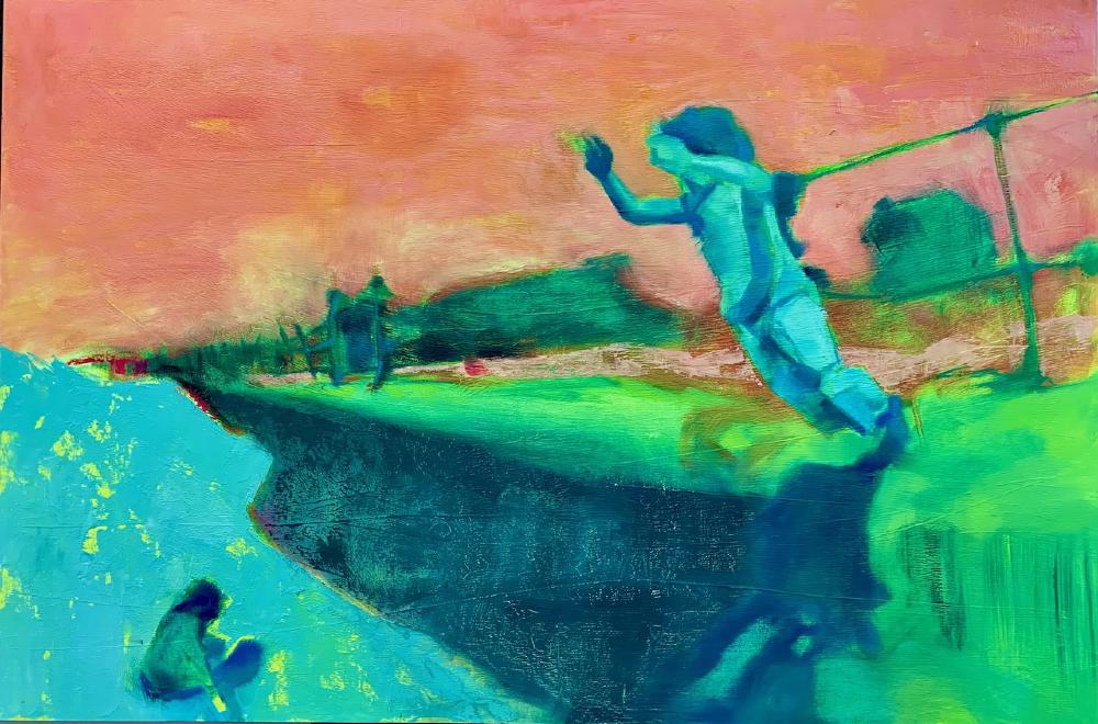 a strange lucid image in bright green, blue and a hazy orange sky with a body jumping off a pier into water -- or so it seems
