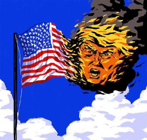 illustration of an american flag burning and the flames are donal trump's face