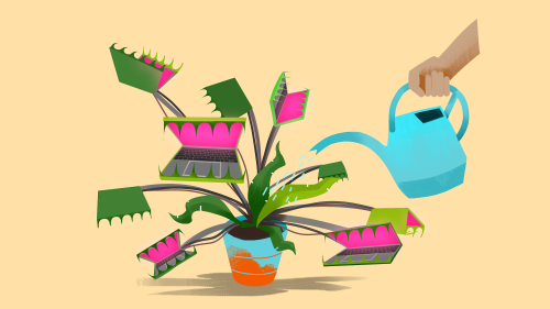 An illustration of someone watering a venus fly trap. Each of the fly trap mouths are laptops