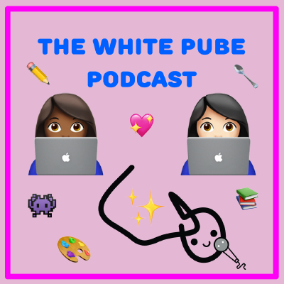 the white pube podcast cover with gab and zarina as emoji girls on laptops, surrounded by smaller emojis including the pencil, heart, space invader, spoon, and glitter, and next to the pubemoji logo