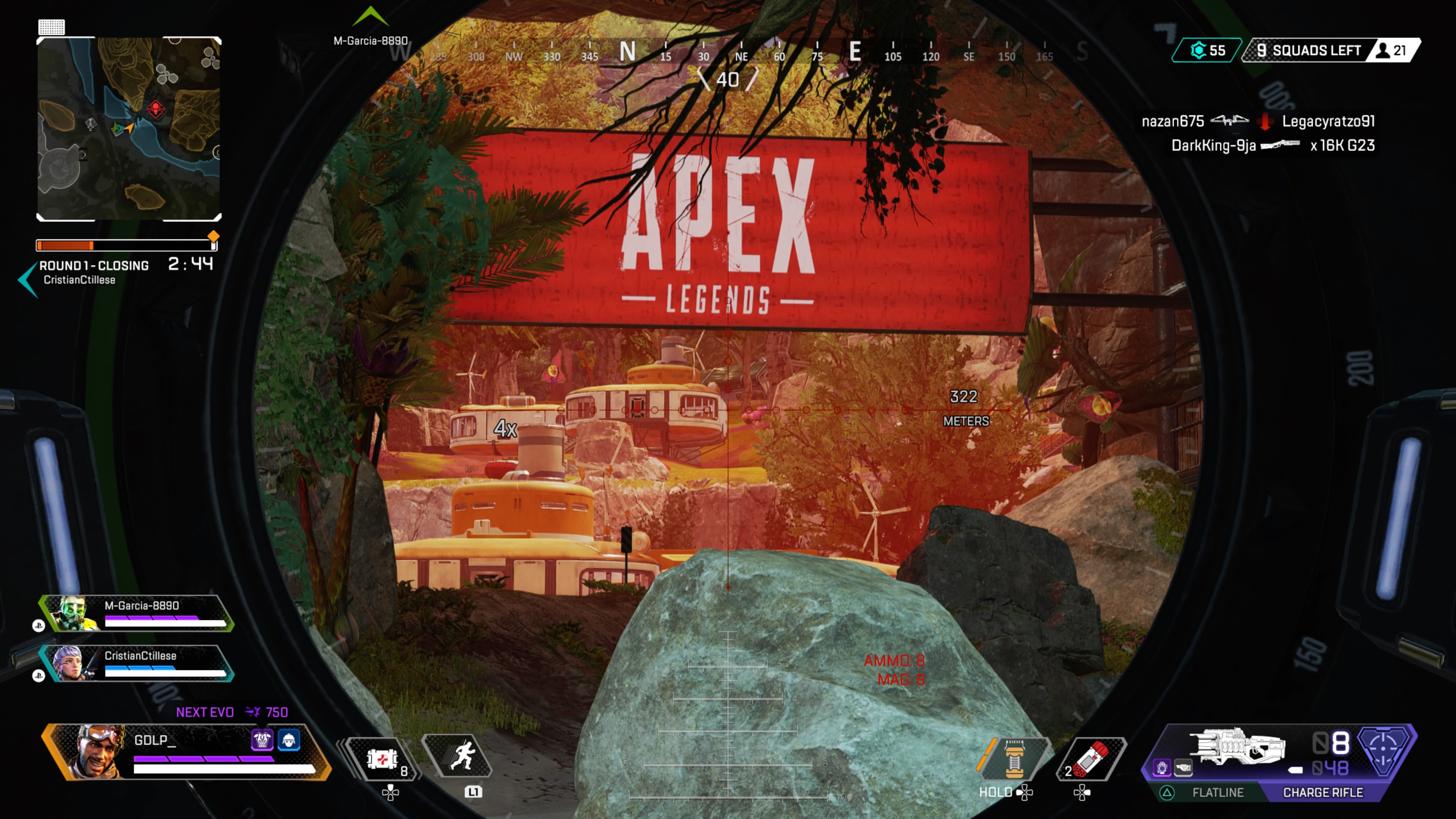 a red banner saying APEX LEGENDS is viewed through a sniper scope