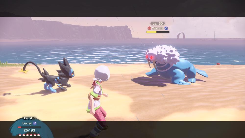 on a rainy beach, my Luxray is fighting a Walrain, an alpha type with red eyes, and both of the Pokemon are down to low health while I stand in between them directing the battle