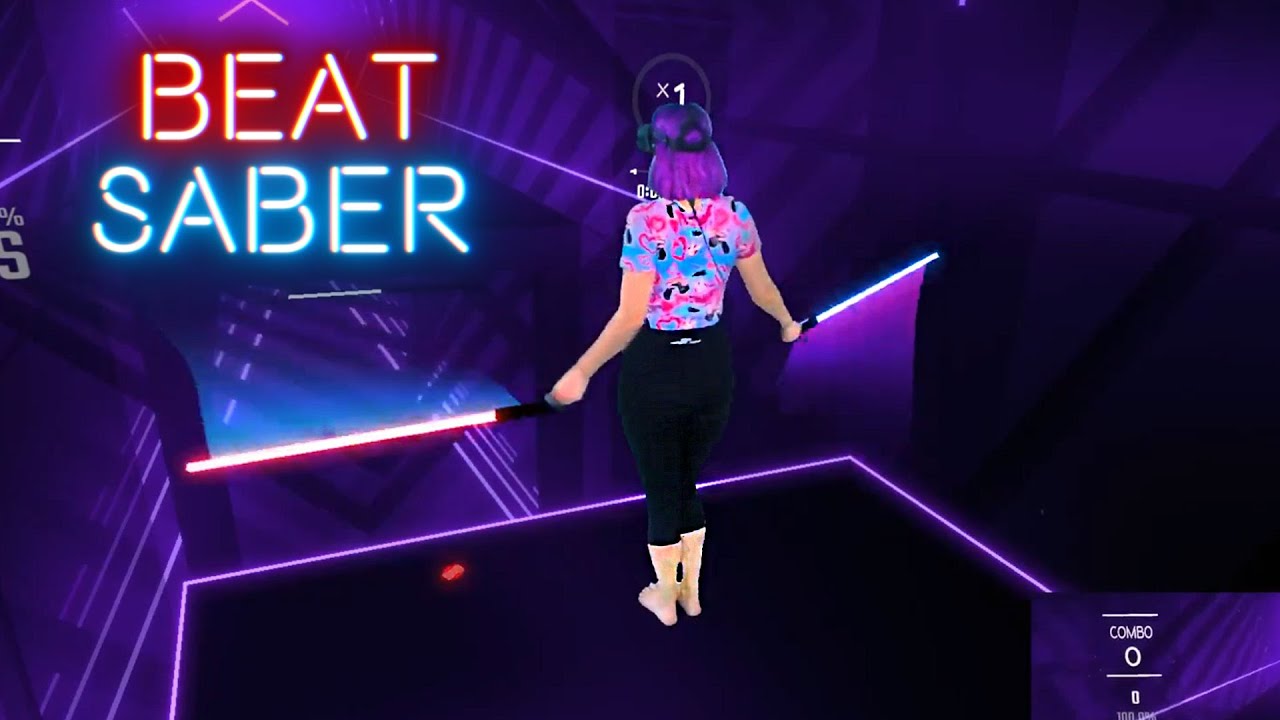the thumbnail for a youtube video by Naysy shows a real white girl with black leggings on and a colourful marble effect tshirt, short purple hair, standing in a digital space holding a lightsaber in each hand next to the game's neon text logo for BEAT SABER