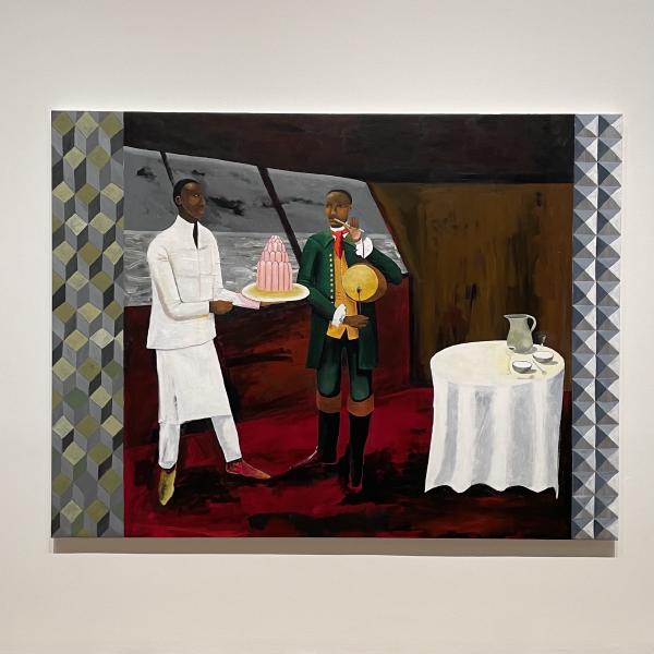 there is a painting of a two black men stood together in a cabin on a ship, red carpet, small table covered in a white cloth. One man is dressed in white and he is handing a plate full of pale pink jelly to the other, who i dressed in boots, green pants, green jacket, yellow waistcoat, and red tie, and he is holding a musical instrument that looks like a flute in one hand and then a drum under his arm at the same time