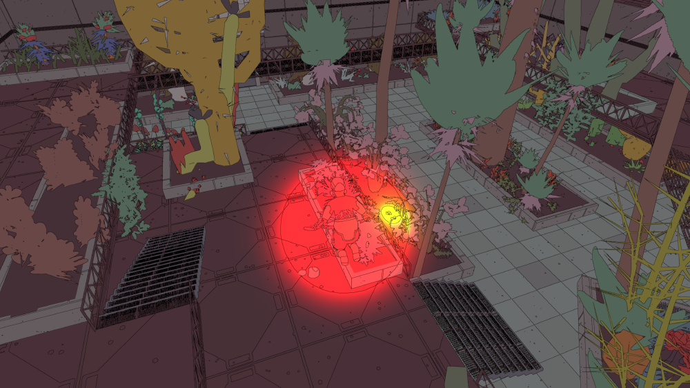 sable hovers in a red glowing bubble inside a greenhouse with strange plants