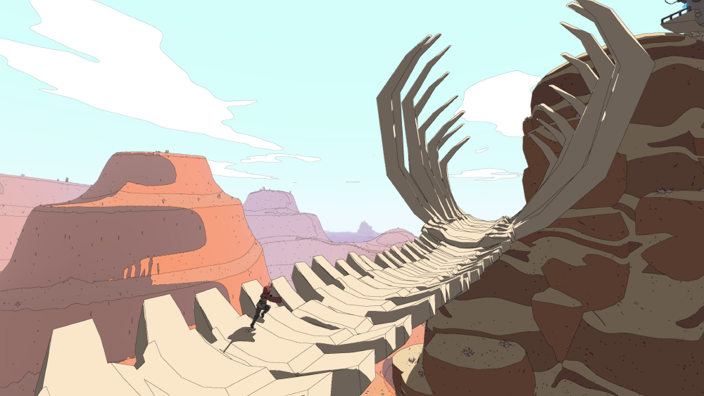 Sable runs along the spine of a huge skeleton that is hanging between rocks in a desert