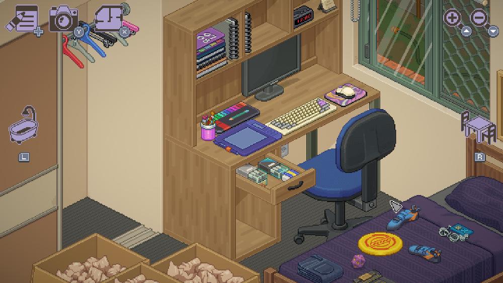 a screenshot just as I start to unpack the room of the protagonist as they move into a college dorm. The boxes on the bed are just now getting opened, there are some items next to them like a frisby while I lay everything out before I arrange it, and there are hangers in the warddrobe waiting for clothes
