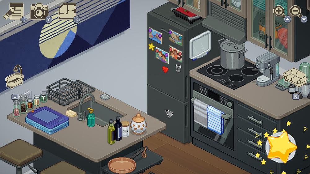 a zoomed in view of an isometric pixel art modern kitchen, all details in greys, including the small island in the middle of the room that holds the sink. There are some film photos on the fridge with little star and heart magnets on them, the only real colour there really. Everything is very neat, all away in drawers and cupboards, a single pan on the stove, and there is a minimalist sunset artwork on the wall but it is all in blue tones around a very pale yellow sun