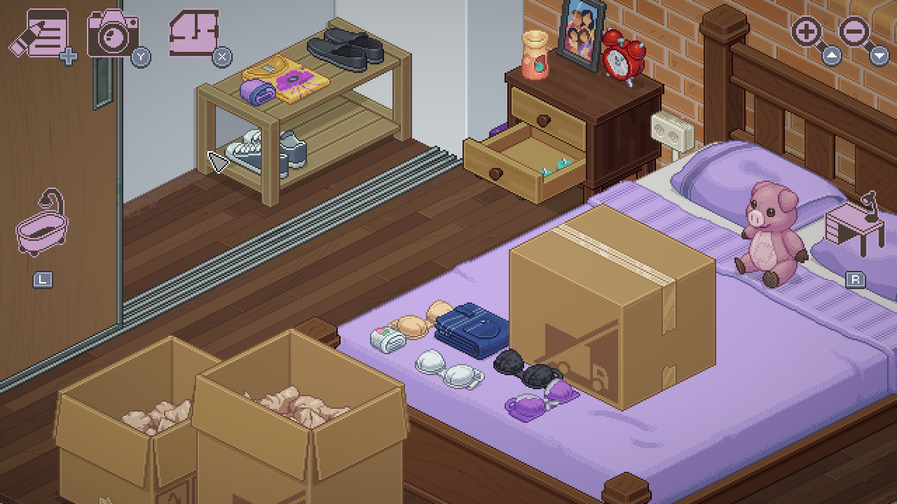 a zoomed in view of an isometric pixel art bedroom, showing boxes being unpacked on a bed and on the floor, a drawer open on the bedside table, a few shoes on a rack, and some bras laid around the bed while everything is being arranged