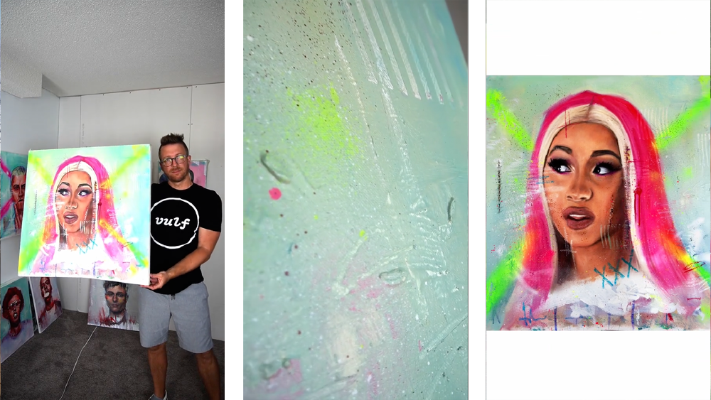 Cody Senn holding a painting of Cardi B, a close-up that shoes dead maggots under the paint, and a clean shot of the painting which is described in the text