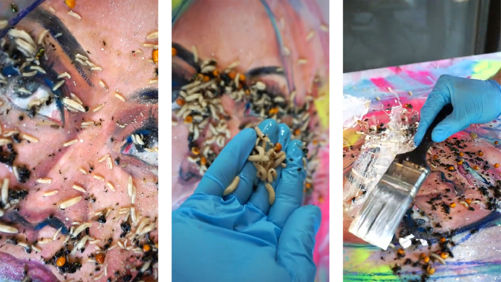 screenshots from Cody Senn's video showing maggots over a painting of Nicki Minaj, the artist handling them, and also painting over top of them in white