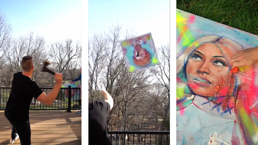 Cody Senn throwing an axe, an axe going through a painting of Ice Spice which is being tossed so it's midair, and the artist rubbing hot dogs into a painting of Nicki Minaj