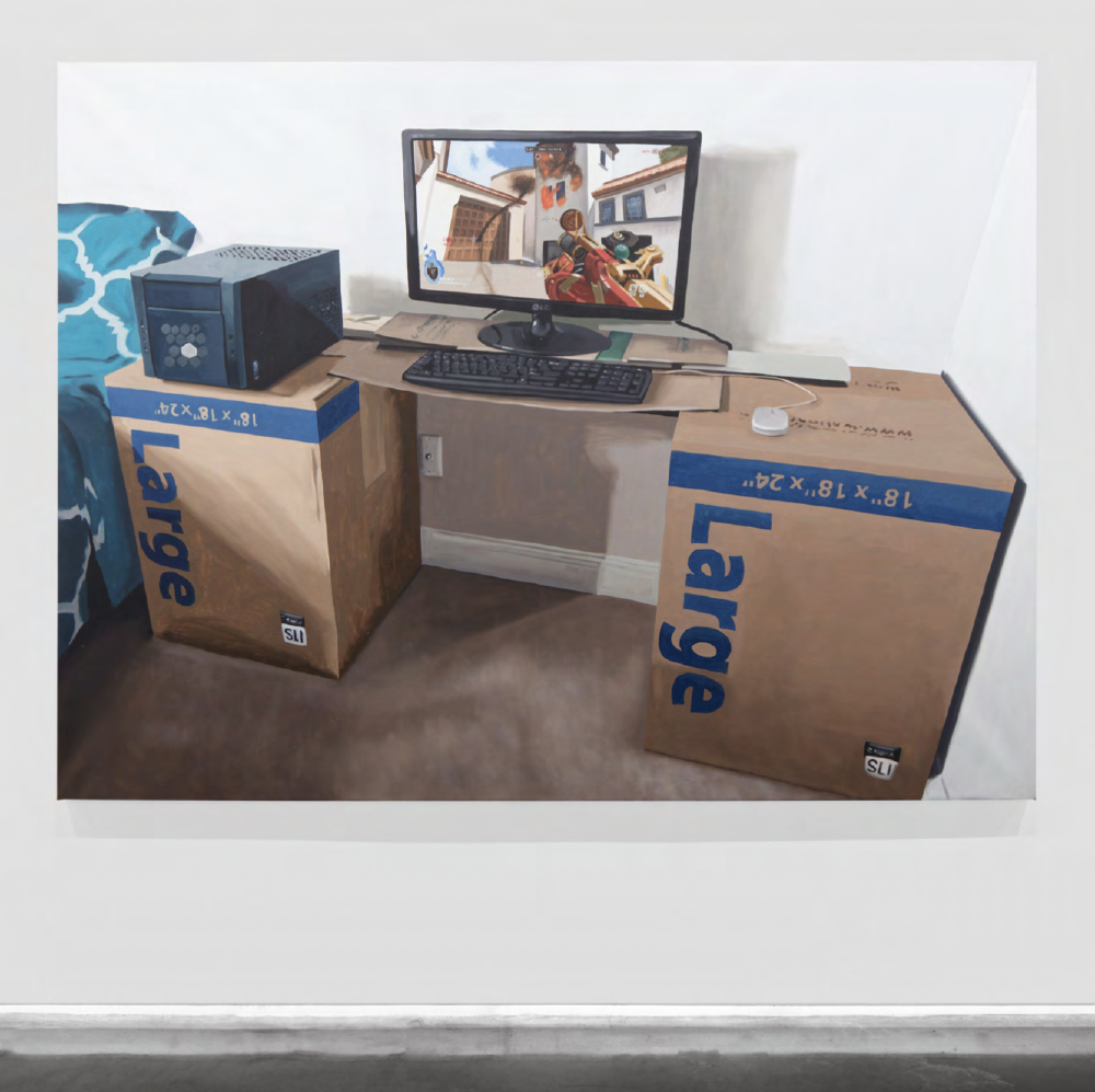 a painting of a monitor balancing between two cardboard boxes