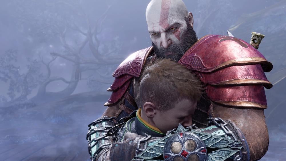 Kratos and Atreus having a tight hug