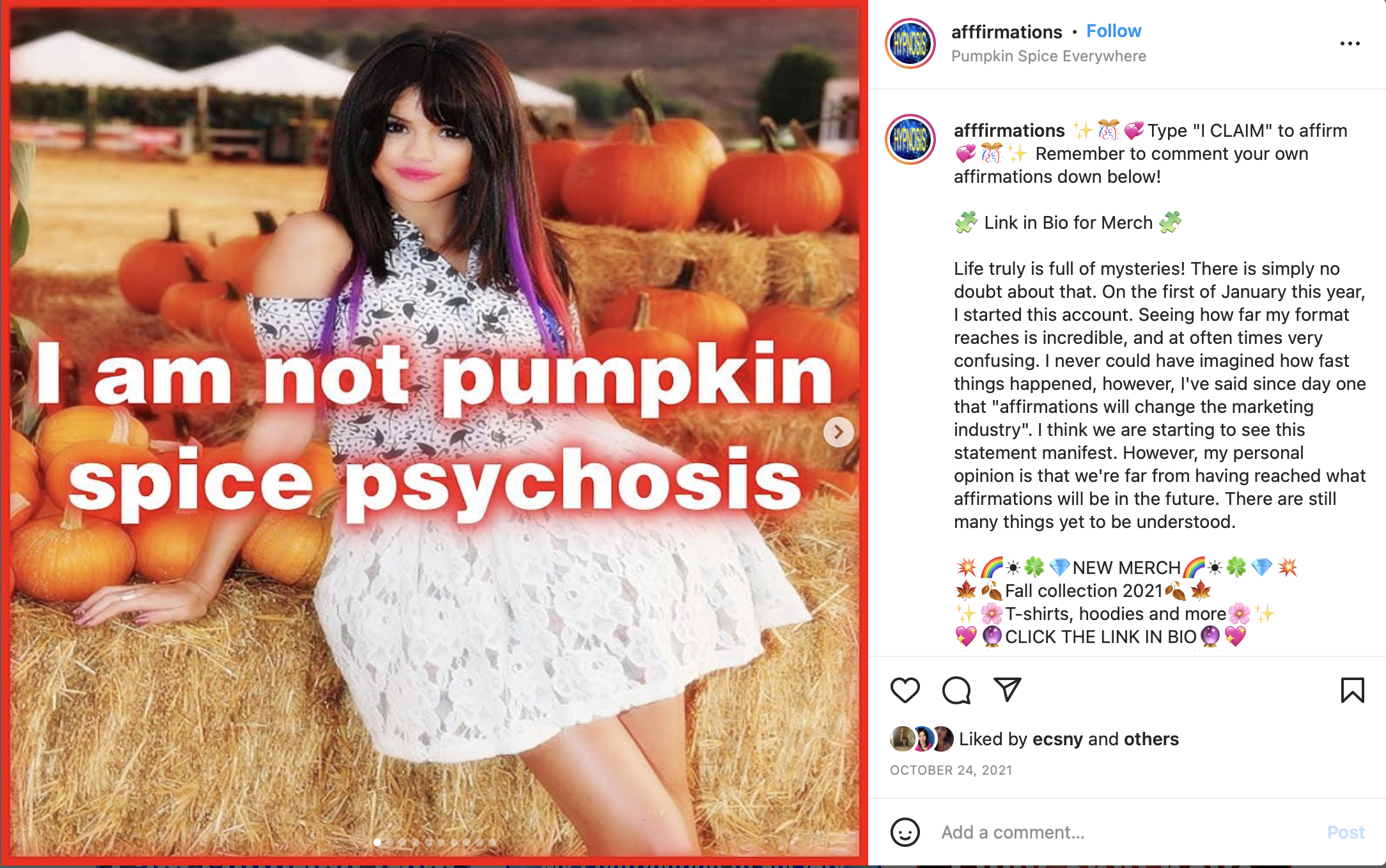 selena gomez poses on a hay bale full of pumpkins with purple clip in extensions between her brunette hair and there is a glowing caption over top that says i am not pumpkin spice psychosis - the image is a screenshot from instagram that also shows a caption asking followers to claim the affirmation and write their own in the comments