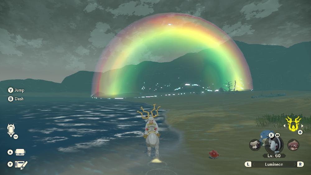 I ride on the back of an elk-looking Pokemon as I ride along a coast towards a rainbow - or what looks like a rainbow but is in fact a strange time-space rift happening on earth