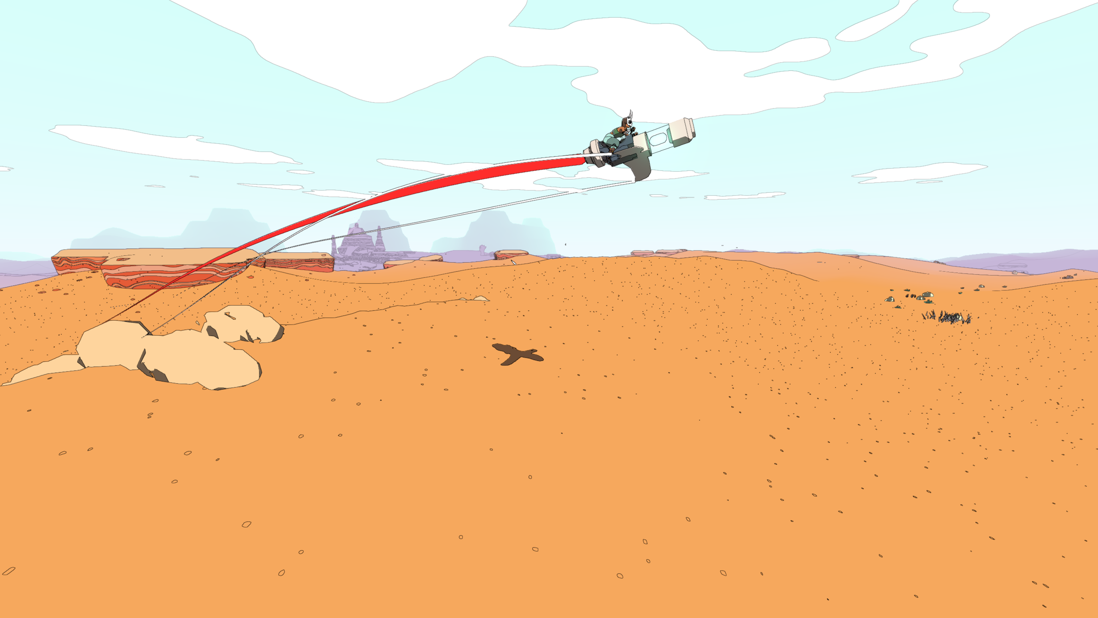 sable's glider bouncing up high over the desert and leaving a red trail behind it