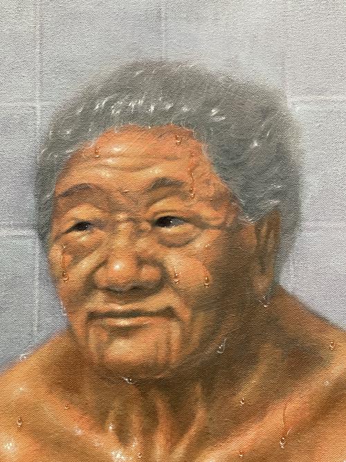 a close up of 'a mother and her daughter' painting by Heeyoung Noh showing the little speckles of water on the old woman's face