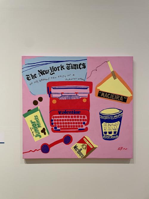 annie frost nicholson's painting in memory of memory, a bright block colour painting of a typewriter, the new york times, an old phone, a pack of marlboros, an ashtray, junior mints
